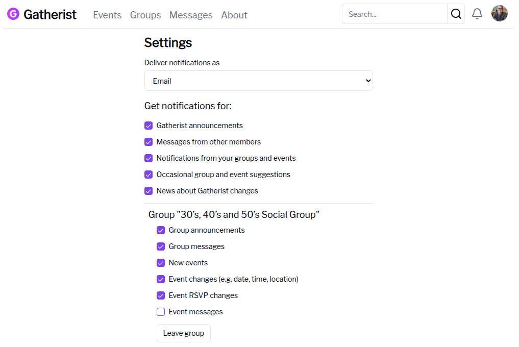 Screenshot of notification settings